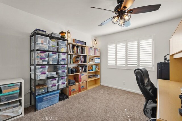 office featuring ceiling fan and carpet flooring