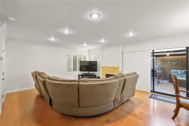 living room with crown molding and light wood-type flooring