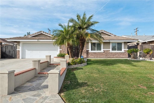 ranch-style home with a garage and a front yard