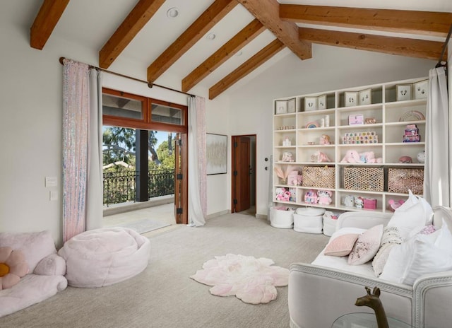 interior space featuring beamed ceiling, high vaulted ceiling, and light carpet