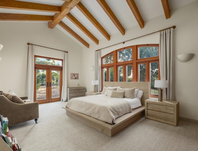 bedroom with high vaulted ceiling, beamed ceiling, access to outside, light colored carpet, and french doors