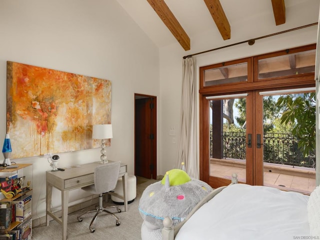 bedroom with beamed ceiling, carpet, high vaulted ceiling, and french doors