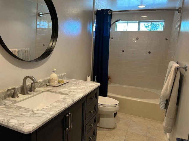 full bathroom with shower / bathtub combination with curtain, vanity, tile patterned floors, and toilet