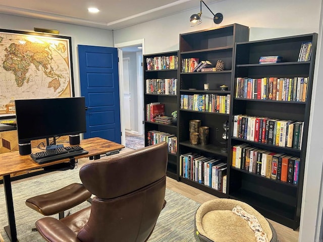 home office featuring light hardwood / wood-style floors