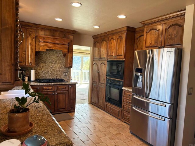 9739 Sage Hill Way, Escondido, CA 92026 - kitchen featuring black appliances, backsplash, recessed lighting, and dark stone countertops