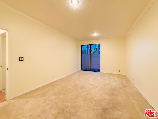 carpeted spare room featuring a textured ceiling and ornamental molding