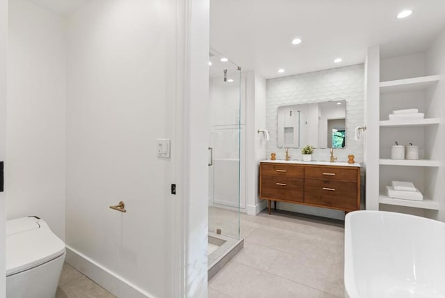 bathroom with a shower with door, tile patterned flooring, vanity, built in shelves, and toilet