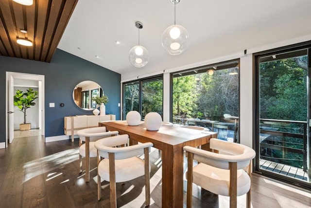 dining space with vaulted ceiling and dark hardwood / wood-style flooring