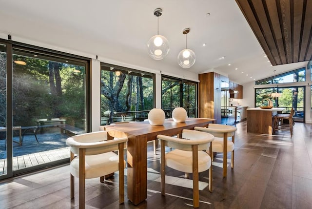 dining area with a healthy amount of sunlight, lofted ceiling, and dark hardwood / wood-style floors