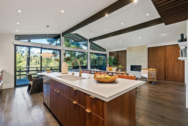 kitchen featuring sink, a wealth of natural light, dark hardwood / wood-style floors, and a center island with sink