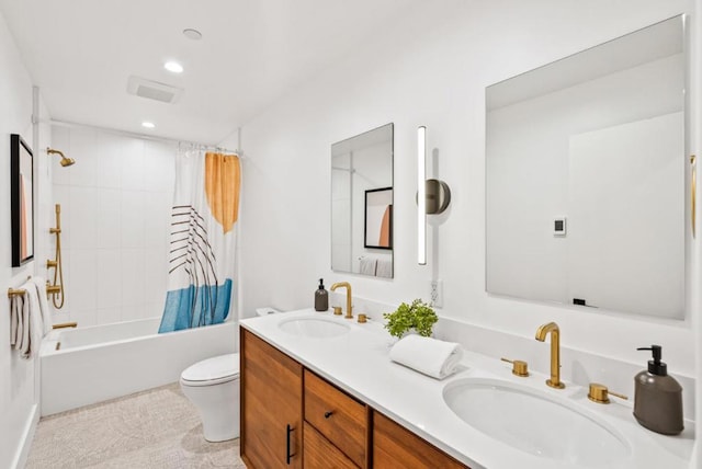 full bathroom with shower / bath combination with curtain, vanity, toilet, and tile patterned flooring