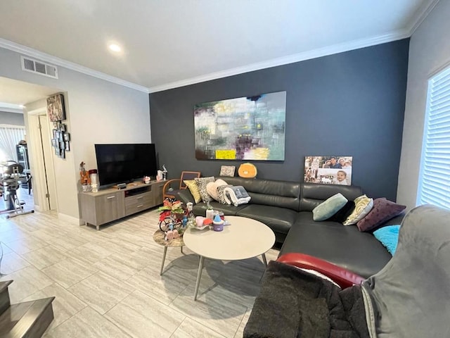 living room featuring ornamental molding