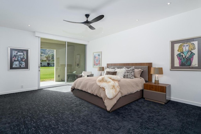 carpeted bedroom featuring ceiling fan, expansive windows, and access to outside