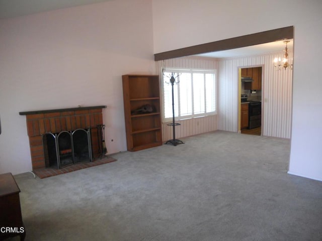 2209 Aspenpark Ct, Thousand Oaks, CA 91362 - unfurnished living room with a brick fireplace, carpet, and a chandelier