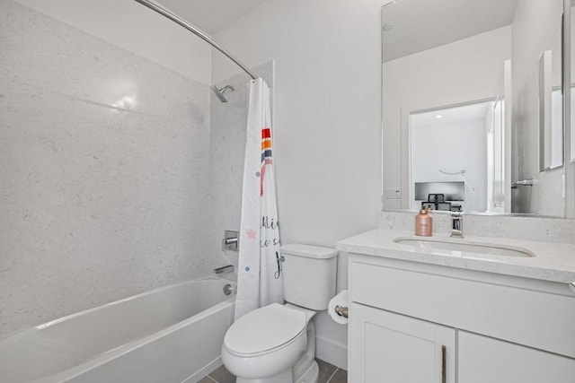 full bathroom featuring vanity, shower / bathtub combination with curtain, and toilet