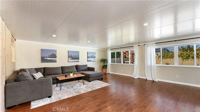 living room with crown molding and dark hardwood / wood-style flooring