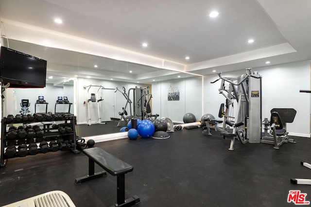 exercise room featuring a tray ceiling