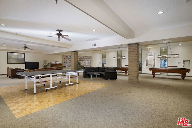 playroom featuring decorative columns, billiards, beam ceiling, and parquet floors