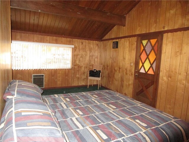 2440 Spruce Dr, Arrowbear, CA 92382 - carpeted bedroom with wood ceiling, heating unit, and wood walls
