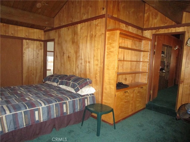2440 Spruce Dr, Arrowbear, CA 92382 - carpeted bedroom featuring wooden walls and lofted ceiling