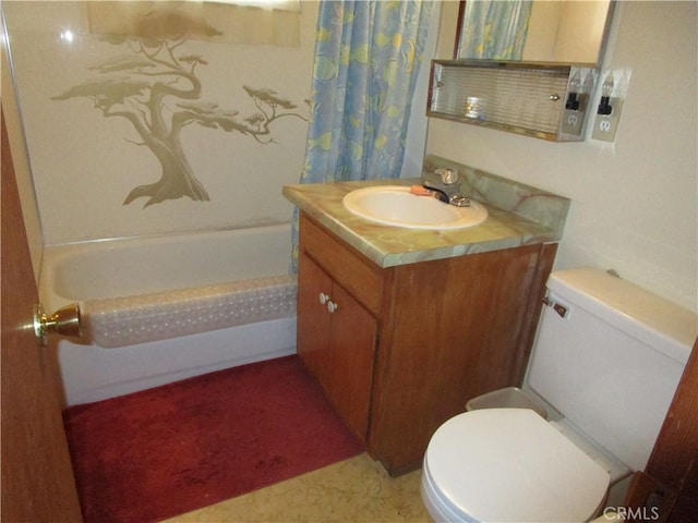 2440 Spruce Dr, Arrowbear, CA 92382 - bathroom with vanity and shower / bath combo with shower curtain