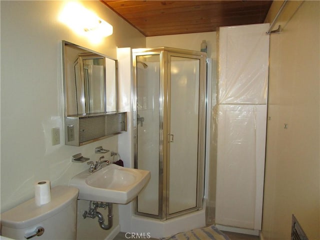 2440 Spruce Dr, Arrowbear, CA 92382 - bathroom with wood ceiling and a stall shower