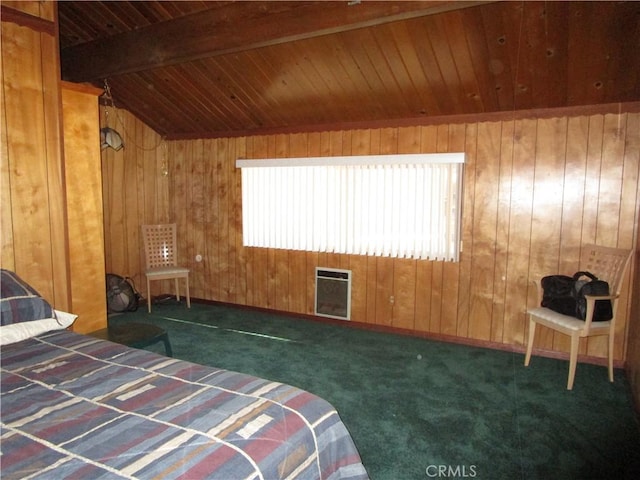 2440 Spruce Dr, Arrowbear, CA 92382 - carpeted bedroom with wood ceiling, wood walls, and heating unit