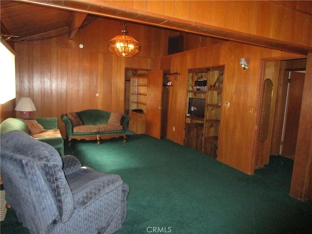 2440 Spruce Dr, Arrowbear, CA 92382 - carpeted living room with wood walls