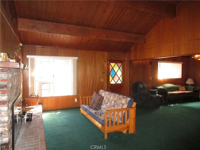2440 Spruce Dr, Arrowbear, CA 92382 - carpeted living area featuring healthy amount of natural light, wooden walls, wood ceiling, and a fireplace with raised hearth