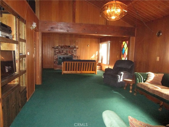 2440 Spruce Dr, Arrowbear, CA 92382 - carpeted living area with wooden walls, a brick fireplace, and high vaulted ceiling