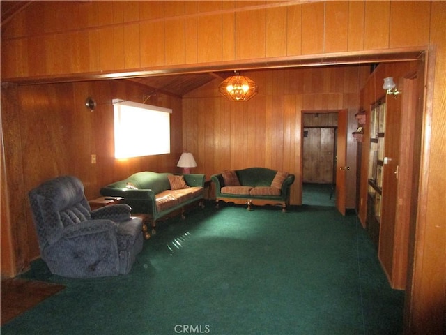 2440 Spruce Dr, Arrowbear, CA 92382 - living area featuring wood walls and carpet floors