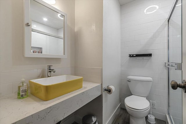 bathroom featuring walk in shower, vanity, and toilet