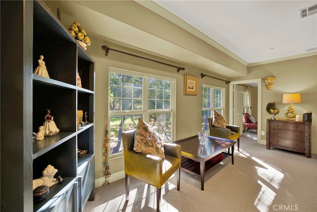 sitting room featuring light carpet and ornamental molding