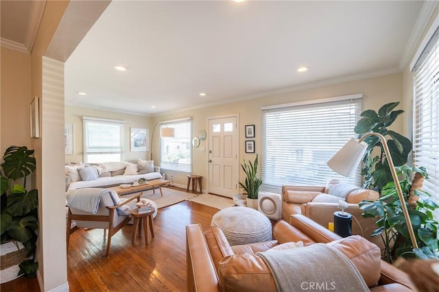 living room with crown molding and hardwood / wood-style floors