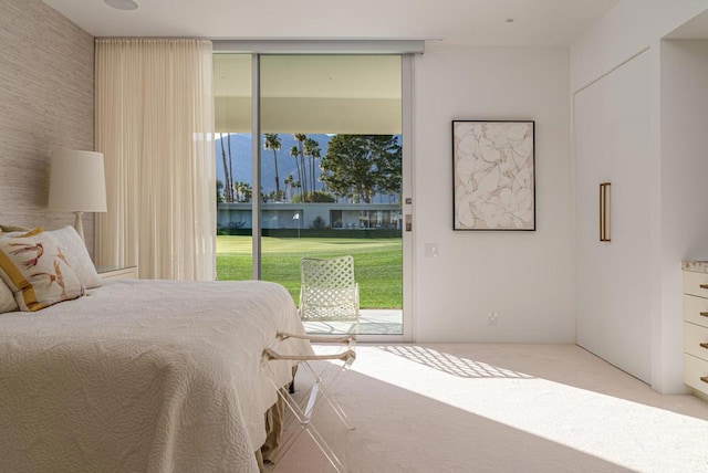 bedroom with multiple windows, access to exterior, and light carpet