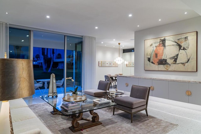 living room with a chandelier