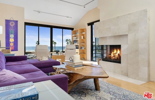 living room featuring lofted ceiling, a water view, a fireplace, track lighting, and wood-type flooring