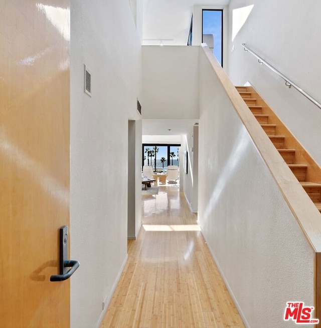 hallway featuring a high ceiling and wood-type flooring