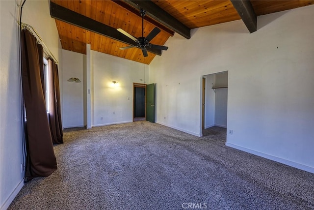 unfurnished bedroom with carpet floors, high vaulted ceiling, beam ceiling, and wood ceiling