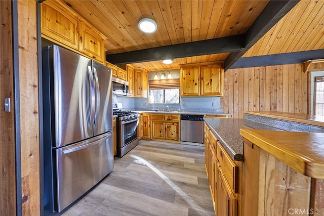 kitchen featuring beamed ceiling, light hardwood / wood-style floors, wooden ceiling, sink, and stainless steel appliances