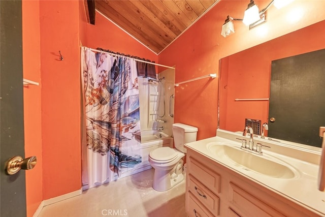 full bathroom featuring toilet, wood ceiling, shower / bath combo, vanity, and vaulted ceiling