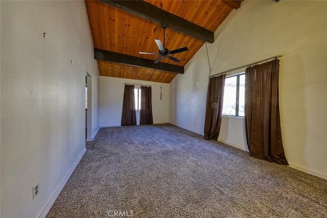 carpeted spare room featuring wood ceiling, ceiling fan, beamed ceiling, and high vaulted ceiling