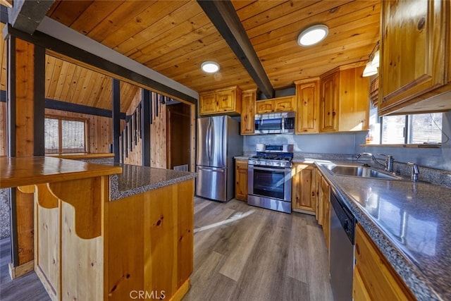 kitchen featuring appliances with stainless steel finishes, sink, wooden ceiling, dark hardwood / wood-style floors, and beamed ceiling