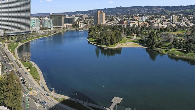 bird's eye view with a water view