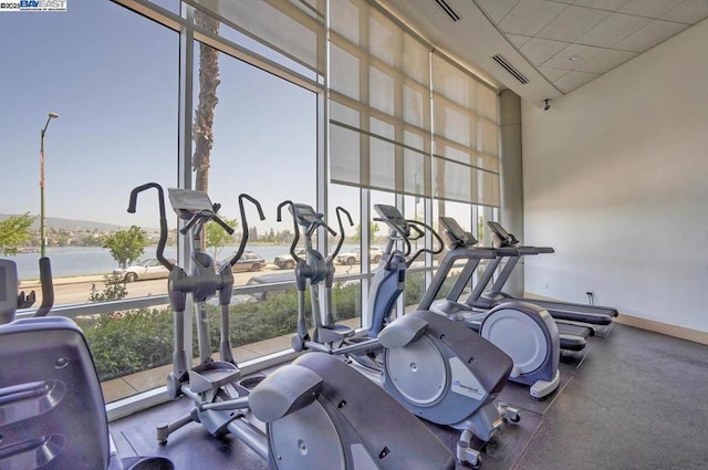 gym with a wealth of natural light, expansive windows, and a water view