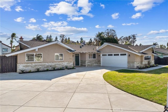 ranch-style home with a garage and a front lawn