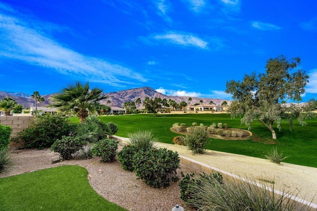 exterior space with a mountain view and a lawn