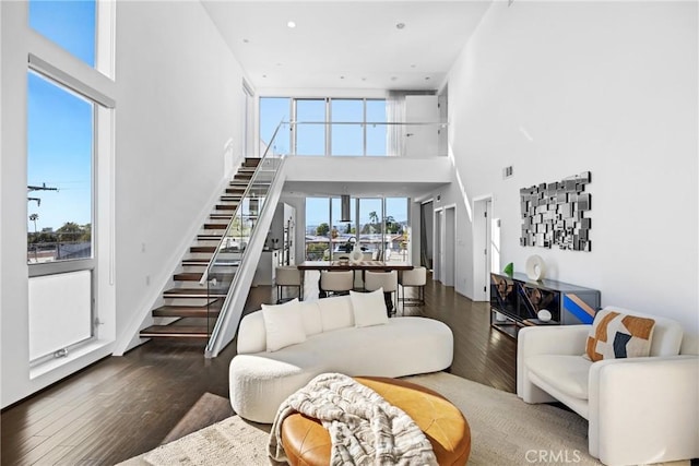 living room featuring dark hardwood / wood-style flooring and a high ceiling