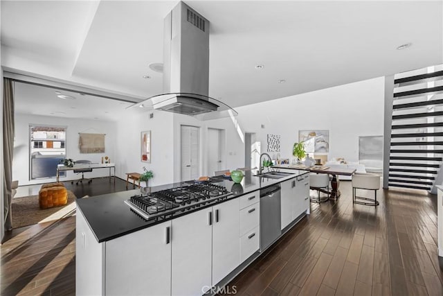 kitchen with appliances with stainless steel finishes, an island with sink, sink, white cabinets, and island exhaust hood