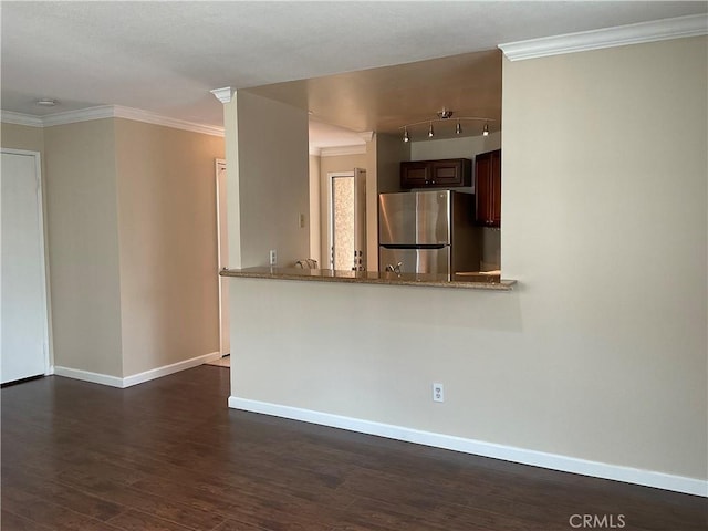7405 Charmant Dr Unit 2320, San Diego, CA 92122 - kitchen featuring freestanding refrigerator, ornamental molding, and dark wood finished floors